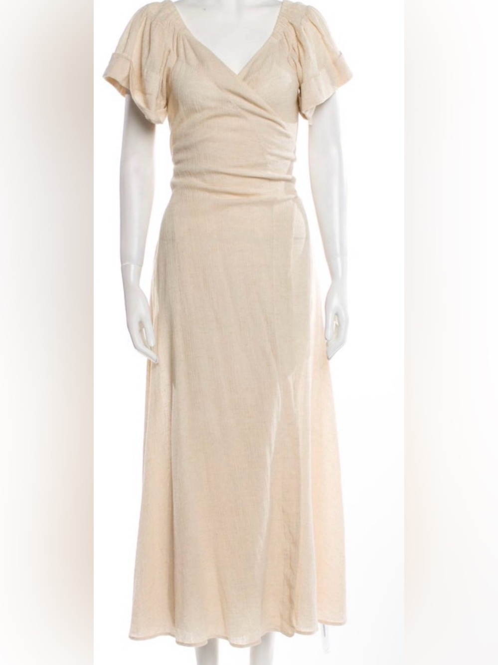 Mara Hoffman Cream Wrap Midi Dress with Puff Sleeves